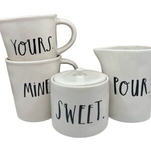 Rae Dunn Magenta Ceramic Cream and Sugar 5 Piece Coffee Set with Mugs Stem Print